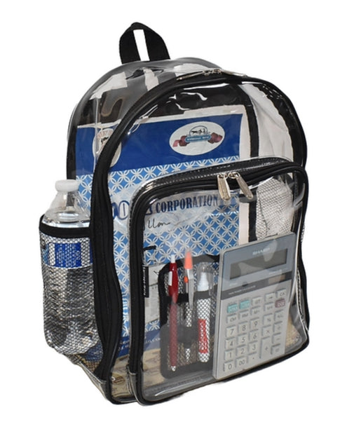 Clear Backpack – 15" Transparent PVC Bookbag with Front Pocket & Side Bottle Holder | School & Stadium Approved