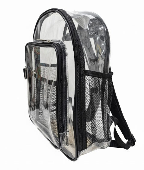 Clear Backpack – 15" Transparent PVC Bookbag with Front Pocket & Side Bottle Holder | School & Stadium Approved