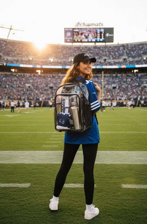 Clear Backpack – 15" Transparent PVC Bookbag with Front Pocket & Side Bottle Holder | School & Stadium Approved